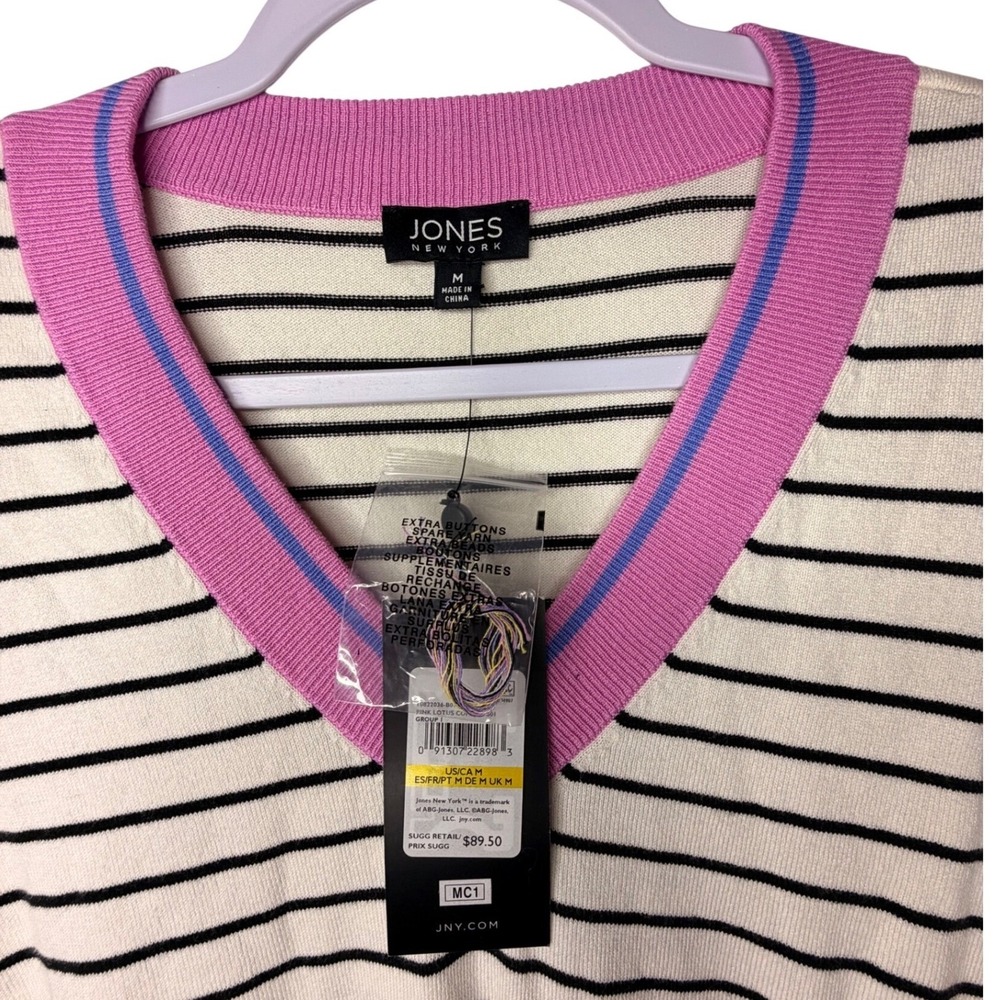 Jones New York Striped V-Neck Sweater Pink Blue Trim Ivory Black Women's M NEW - Picture 3 of 6